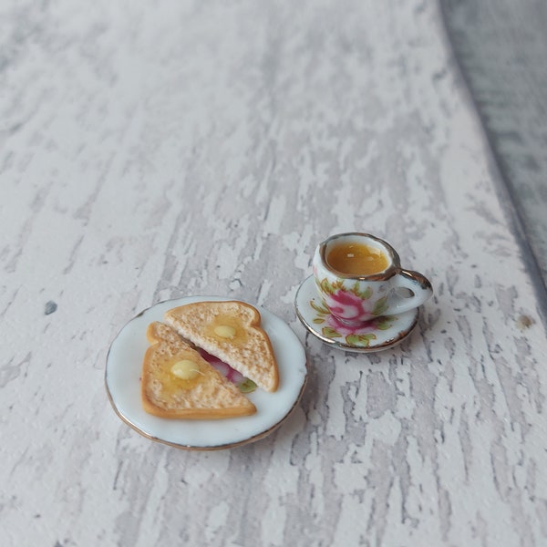 Miniature breakfast, miniature tea and toast, miniatures, tiny food, miniature toast, 1:12 scale, miniature cafe, tea set, teaset