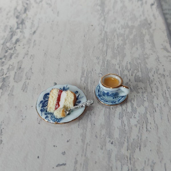 Miniature tea and cake, coffee and cake, miniature afternoon tea, dollhouse food, dolls house food 1:12 scale