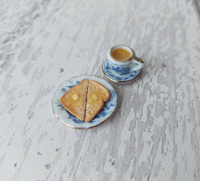 Miniature breakfast, miniature tea and toast, miniatures, tiny food, miniature toast, 1:12 scale, miniature tea set, teaset image 9