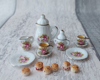 Miniature scones and tea set, afternoon tea, dollhouse miniatures, 1 12 scale, one inch scale, cafe, bakery, diorama, dollhouse food