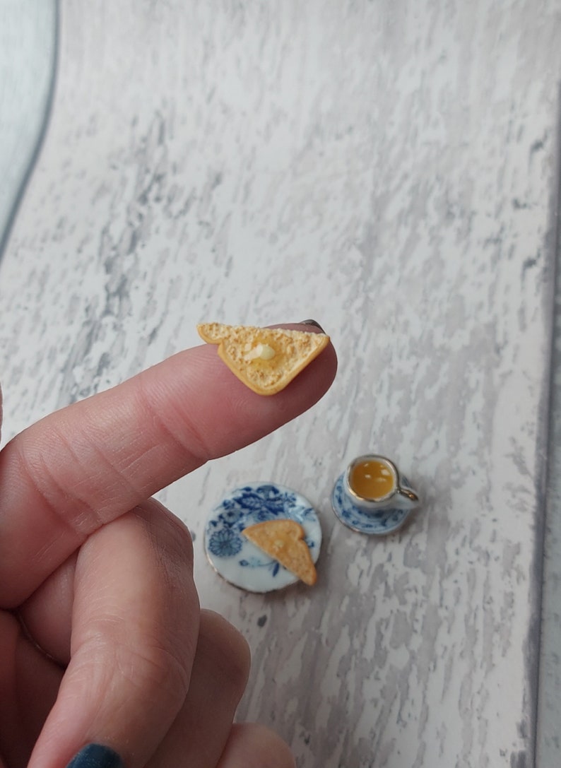 Miniature breakfast, miniature tea and toast, miniatures, tiny food, miniature toast, 1:12 scale, miniature tea set, teaset image 4