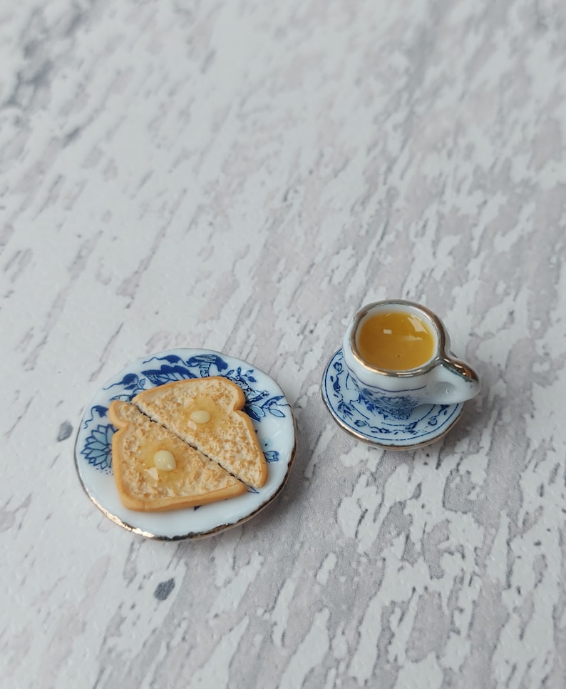 Desayuno en miniatura, té y tostadas en miniatura, miniaturas, comida diminuta, tostadas en miniatura, escala 1:12, juego de té en miniatura, juego de té imagen 8