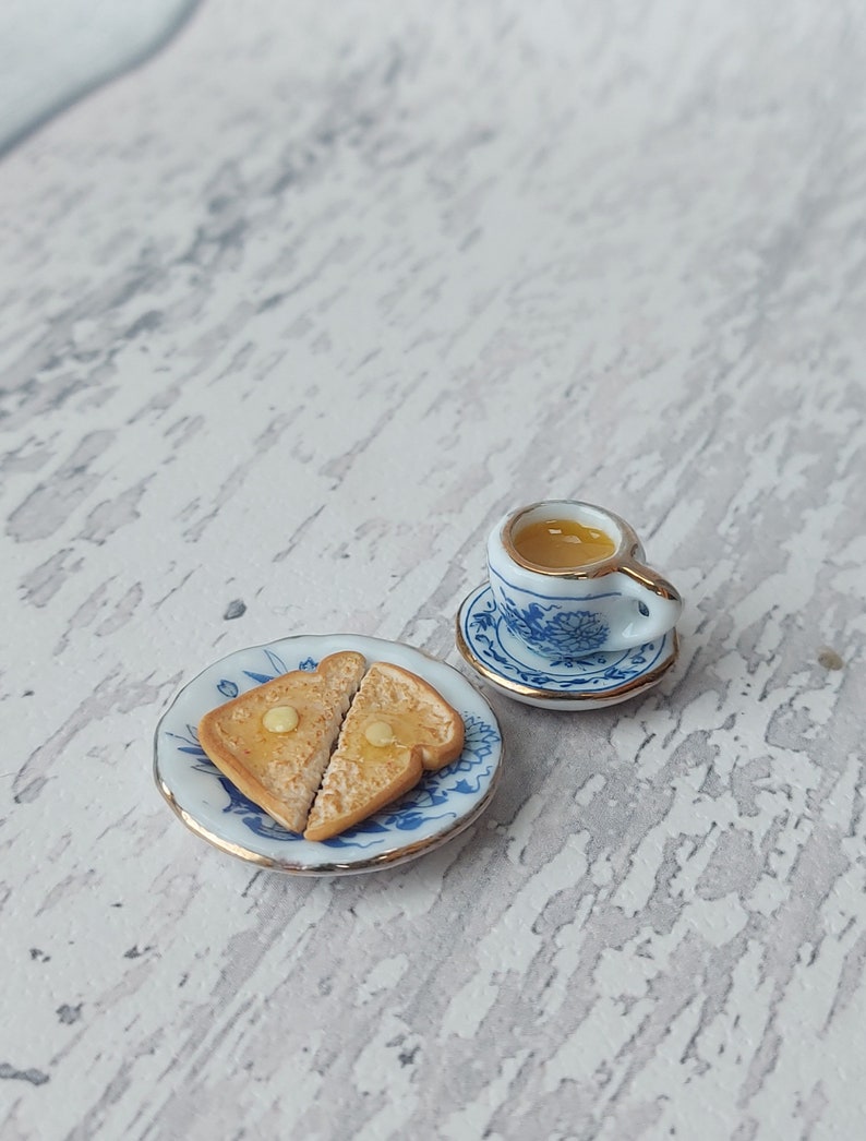 Miniature breakfast, miniature tea and toast, miniatures, tiny food, miniature toast, 1:12 scale, miniature tea set, teaset image 3