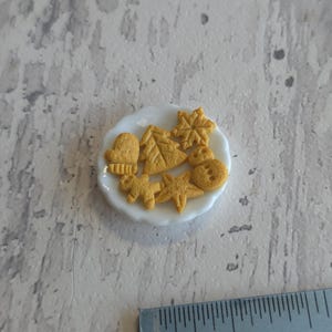 May include: A small white plate holds miniature gingerbread cookies in various shapes, including a mitten, tree, snowflake, star, and snowman. The cookies are golden brown and detailed. A ruler is in the foreground.