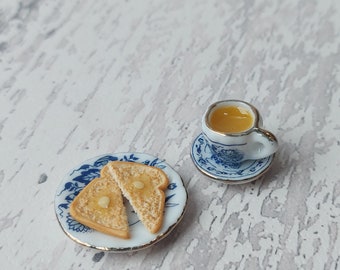 Miniature breakfast, miniature tea and toast, miniatures, tiny food, miniature toast, 1:12 scale, miniature tea set, teaset