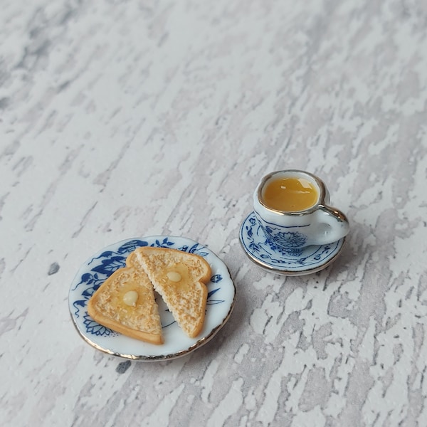 Miniature breakfast, miniature tea and toast, miniatures, tiny food, miniature toast, 1:12 scale, miniature tea set, teaset