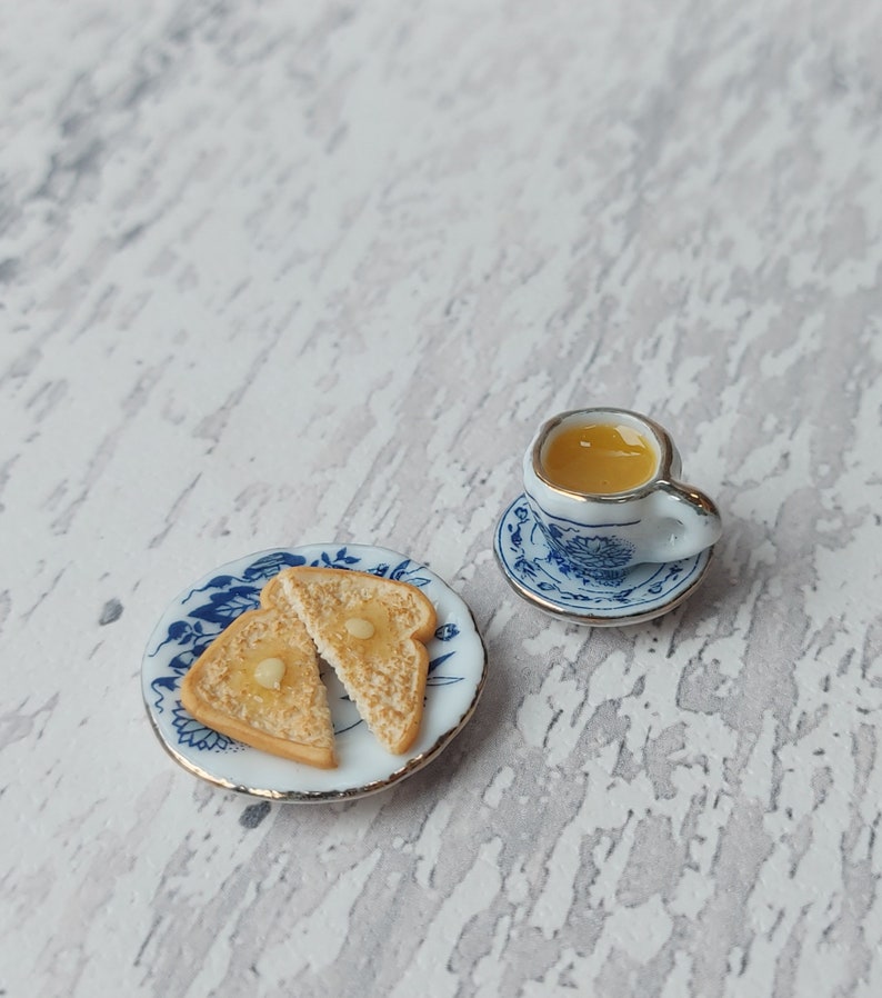 Miniature breakfast, miniature tea and toast, miniatures, tiny food, miniature toast, 1:12 scale, miniature tea set, teaset image 1