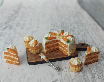 Miniature carrot cake and 3 cupcakes, dollhouse miniatures, 1 12 scale, one inch scale, cafe, bakery, diorama, afternoon tea,