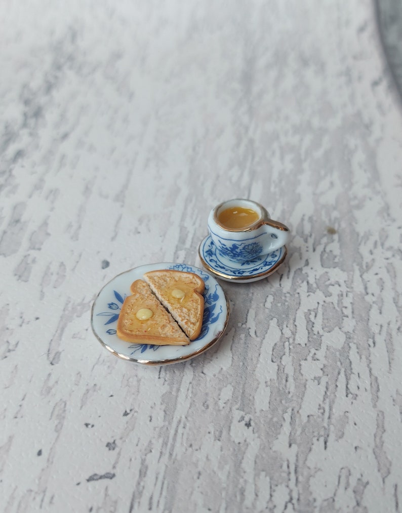 Miniature breakfast, miniature tea and toast, miniatures, tiny food, miniature toast, 1:12 scale, miniature tea set, teaset image 4