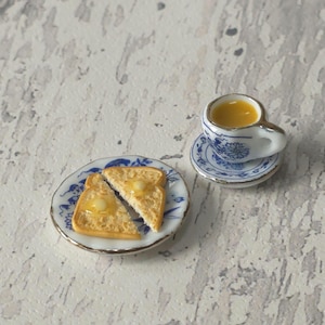 Miniature breakfast, miniature tea and toast, miniatures, tiny food, miniature toast, 1:12 scale, miniature tea set, teaset