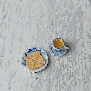 Desayuno en miniatura, té y tostadas en miniatura, miniaturas, comida diminuta, tostadas en miniatura, escala 1:12, juego de té en miniatura, juego de té imagen 7