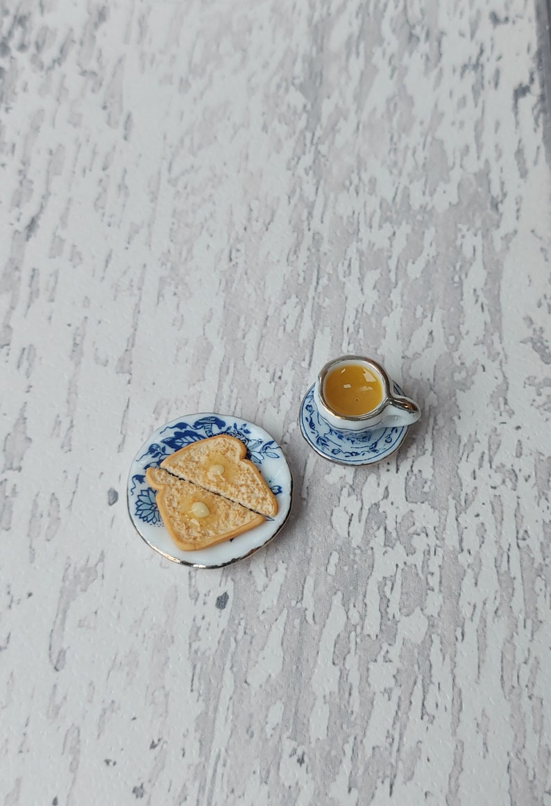 Desayuno en miniatura, té y tostadas en miniatura, miniaturas, comida diminuta, tostadas en miniatura, escala 1:12, juego de té en miniatura, juego de té imagen 7