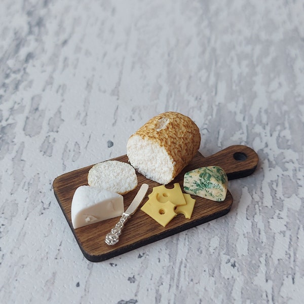 Miniature cheeseboard with loaf of bread, miniatures, dollhouse food, polymer clay