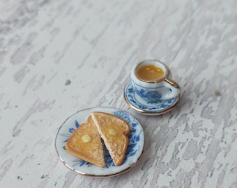 Miniature breakfast, miniature tea and toast, miniatures, tiny food, miniature toast, 1:12 scale, miniature tea set, teaset