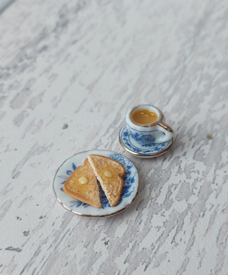 Miniature breakfast, miniature tea and toast, miniatures, tiny food, miniature toast, 1:12 scale, miniature tea set, teaset image 1