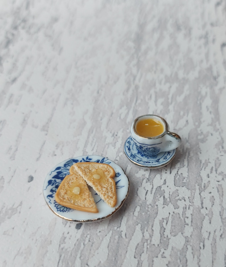 Miniature breakfast, miniature tea and toast, miniatures, tiny food, miniature toast, 1:12 scale, miniature tea set, teaset image 5