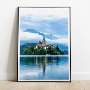 Impresión del lago Bled, cartel del lago Bled, impresión de Eslovenia, cartel de Eslovenia, decoración de la pared del lago Bled, impresión de los Alpes, cartel de los Alpes, cartel de fotografía