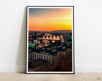 Prague bridges sunset poster, Prague print, HIGH QUALITY PRINT, Prague Home Decor, Prague Wall Art, Prague Photography Poster