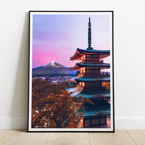 Pôster do templo do Monte Fuji, pôr do sol do Monte Fuji Japão com impressão de pagode/santuário, Ásia, ALTA QUALIDADE, decoração de casa, arte de parede, pôster fotográfico