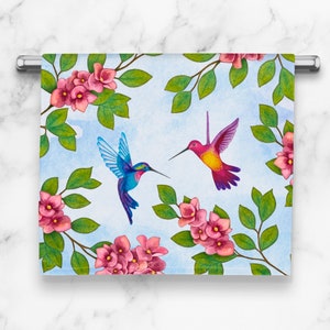 Hummingbird Kitchen Towel: Vibrant Floral Print, Colorful Nature and Bird Decor