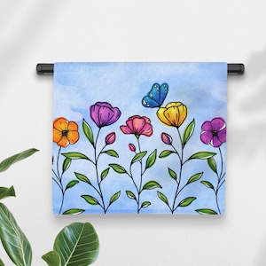 Watercolor Wild Flower Kitchen Towel - Spring Botanical Garden Dish Towel - Colorful Floral & Blue Butterfly Tea Towel - Bathroom Hand Towel