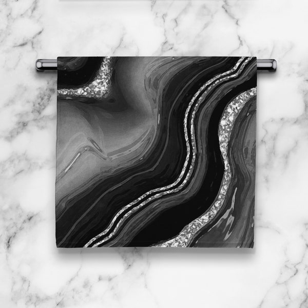 Black & Faux Silver Agate Kitchen Towel - Elegant Marble Print Dish Towel - Neutral Abstract Bathroom Hand Towel - Geode Slice Tea Towel