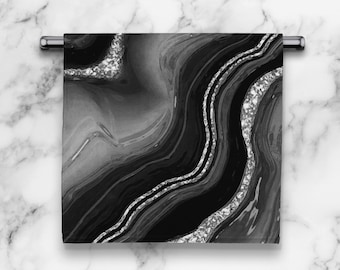 Black & Faux Silver Agate Kitchen Towel - Elegant Marble Print Dish Towel - Neutral Abstract Bathroom Hand Towel - Geode Slice Tea Towel