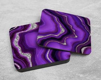 Purple Faux Agate Coaster Set of 4 - Set of 6 - Cork Backed Coasters - Square Coasters - Agate Coasters - Faux Marble Coasters
