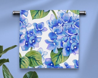 Blue Hydrangea Dish Towel - Watercolor Flower Kitchen Towel - Absorbent Spring Bathroom Hand Towel - Periwinkle Floral Print Tea Towel