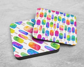 Popsicle Coaster Set - Set of 4 - Set of 6 - Popsicle Coasters - Cork Backed Coasters - Square Coasters - Rainbow Coasters