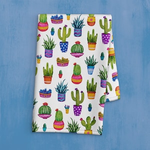 Little Succulent Pots Kitchen Towel - Watercolor Potted Cactus Dish Towel - Tea Towel - Colorful Hand Painted Desert Plants - Hand Towel