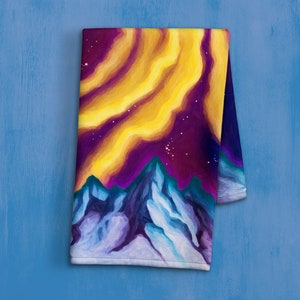 Colorful Mountain Range Dish Towel - Magical Night Mountain Scape Kitchen Towel - Northern Lights Starry Sky Tea Towel - Bathroom Hand Towel