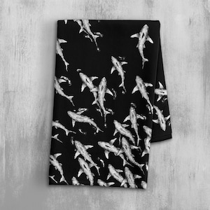 Shark Print Kitchen Towel - Shark Week Gift - Bathroom Hand Towel - Black and White Tea Towel - Dish Towel - Sea Life Beach Decor
