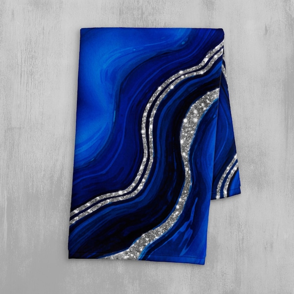 Royal Blue & Faux Silver Agate Print Kitchen Towel - Abstract Marble Print Dish Towel - Bathroom Hand Towel - Colorful and Fun Tea Towel