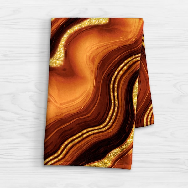 Burn Orange & Faux Gold Agate Kitchen Towel - Bold Marble Print Dish Towel - Abstract Bathroom Hand Towel - Stylish Geode Slice Tea Towel