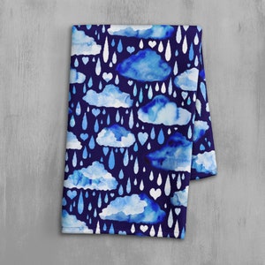 Rainy Day Kitchen Towel - Watercolor Rain Cloud Dish Towel - Spring Shower Bathroom Hand Towel - Hand Painted Blue Raindrops Tea Towel