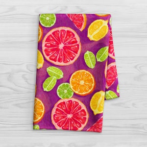 Vibrant Citrus Fruit Kitchen Towel - Grapefruit Lemon Lime & Orange Dish Towel - Colorful Summer Decor Tea Towel - Fun Cheerful Hand Towel