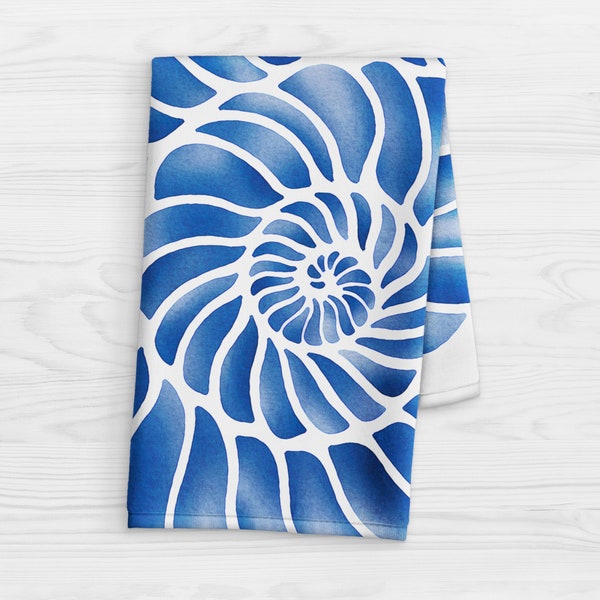 Blue Watercolor Nautilus Kitchen Towel - Coastal Decor - Sea Life Dish Towel - Seashell Print - Ocean Themed Bathroom Hand Towel - Tea Towel