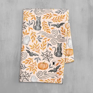 Fun Halloween Hand Towel - Cute Fall Decor Kitchen Towel - Dish Towel - Tea Towel - Watercolor Pumpkin Print - Happy Halloween Decor