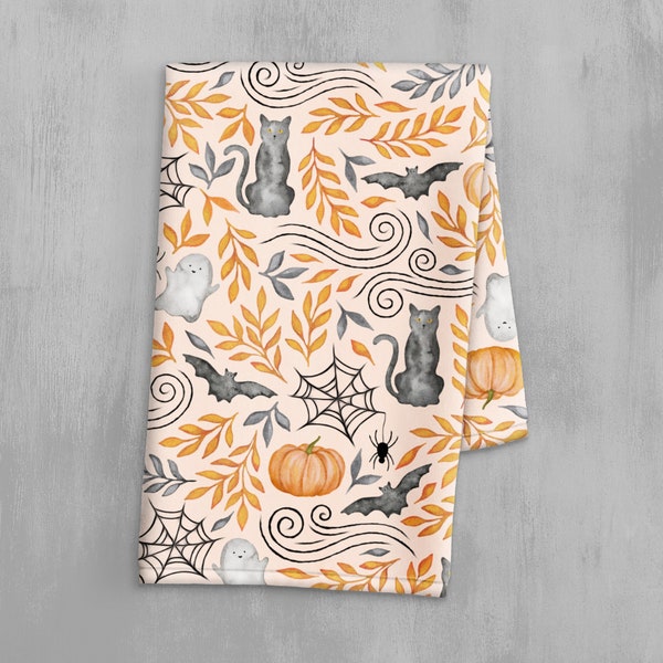Toalla de cocina de Halloween en tonos pastel: estampado de calabaza, gato y fantasma en acuarela