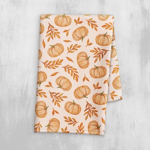 Fall Decor Kitchen Towel - Watercolor Pumpkin and Leaf Print - Halloween and Autumn Decor Dish Towel - Tea Towel - Bathroom Hand Towel