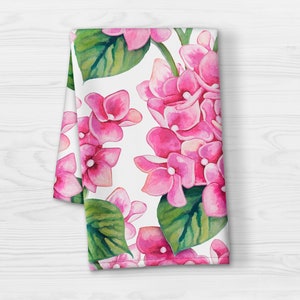 Pink Hydrangea Hand Towel: Watercolor Floral Kitchen and bathroom Decor