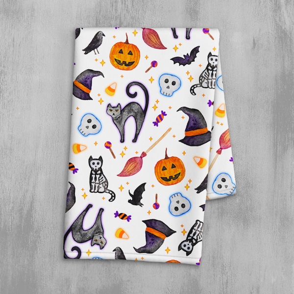 Serviette de vaisselle Halloween amusante - Serviette de cuisine automne aquarelle peinte à la main - Serviette de salle de bain Halloween mignonne - Torchon d'octobre fantasmagorique