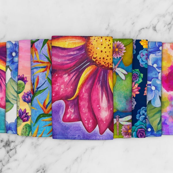 Colorful Flower Print Hand Towels - Vibrant Floral Kitchen Towels - Spring & Summer Dish Towels - Nature Lover Tea Towels - Hand Painted