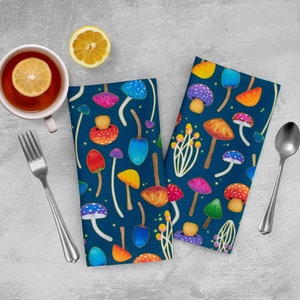 Mushroom Print Cloth Napkins: Colorful Toadstool Decor, Reusable Linen, Set of 4 or 6