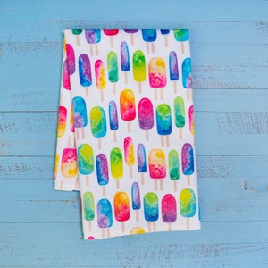 Fun Kitchen Towel - Colorful Popsicle Print Dish Towel - Watercolor Hand Painted Ice Cream Bar Tea Towel - Summer Decor Bathroom Hand Towel