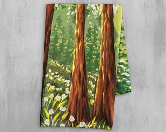 Giant Sequoia Tree Kitchen Towel - Vibrant Redwood Forest Dish Towel - Evergreen Conifer Tree Bathroom Hand Towel - Hand Painted Tea Towel