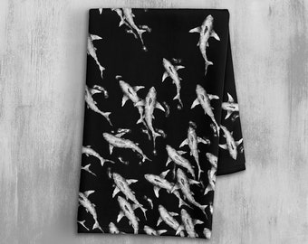 Shark Print Kitchen Towel - Shark Week Gift - Bathroom Hand Towel - Black and White Tea Towel - Dish Towel - Sea Life Beach Decor