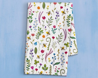 Spring Flower Dish Towel - Honey Bee Tea Towel - Floral Print Kitchen Towel - Hand Painted Bathroom Hand Towel - Summer Wild Flower Print