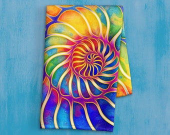 Colorful Hand Towel - Nautical Decor -  Sea Life Dish Towel - Seashell Print - Coastal Kitchen Towel - Nautilus Print - Bathroom Hand Towel